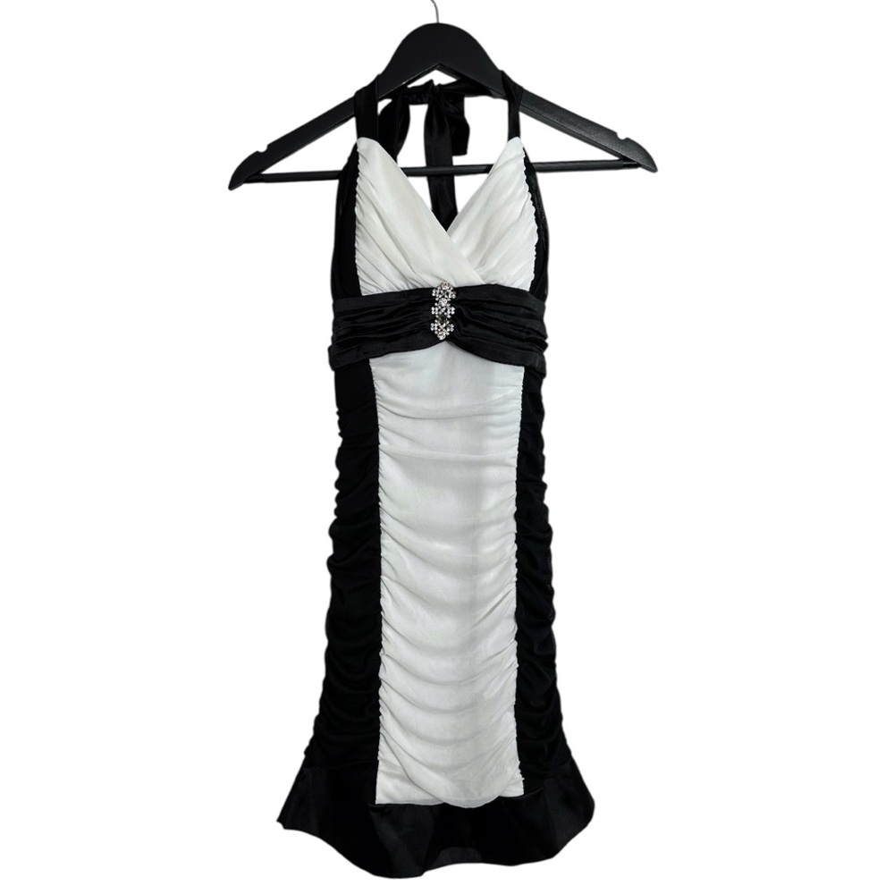 Deb Black White Halter Mini Dress Rhinestone Clubwear Cocktail Party Y2K Medium